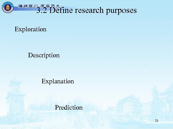 3. 2 Define research purposes Exploration Description Explanation Prediction 23 