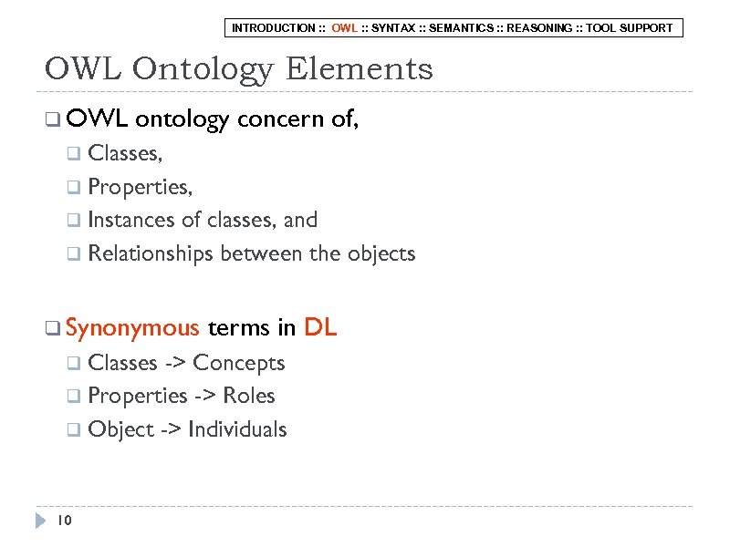 INTRODUCTION : : OWL : : SYNTAX : : SEMANTICS : : REASONING :