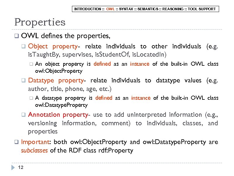 INTRODUCTION : : OWL : : SYNTAX : : SEMANTICS : : REASONING :