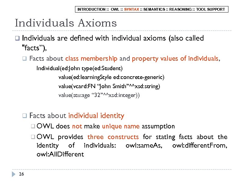 INTRODUCTION : : OWL : : SYNTAX : : SEMANTICS : : REASONING :