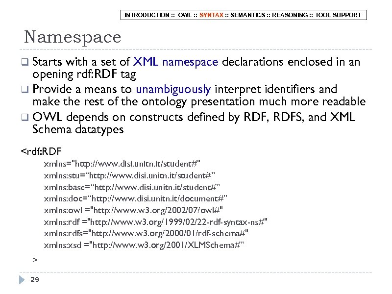 INTRODUCTION : : OWL : : SYNTAX : : SEMANTICS : : REASONING :