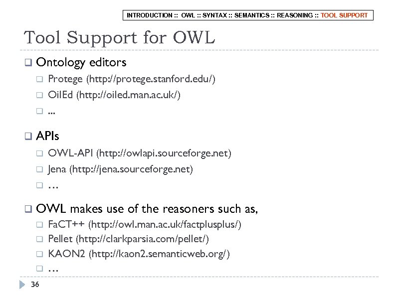 INTRODUCTION : : OWL : : SYNTAX : : SEMANTICS : : REASONING :