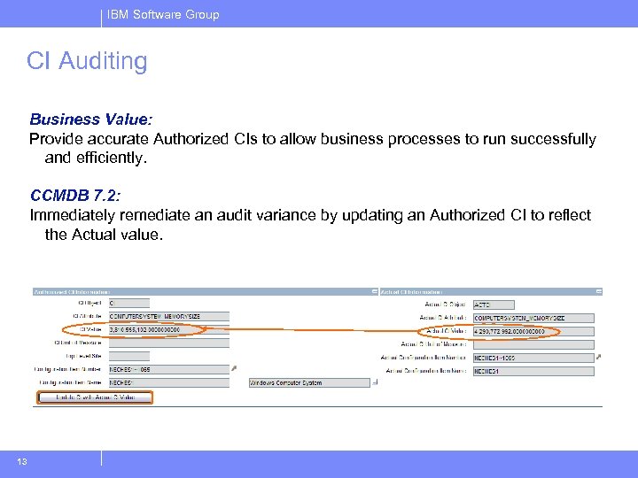 IBM Software Group CI Auditing Business Value: Provide accurate Authorized CIs to allow business