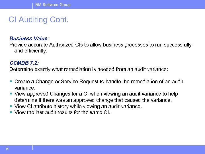 IBM Software Group CI Auditing Cont. Business Value: Provide accurate Authorized CIs to allow