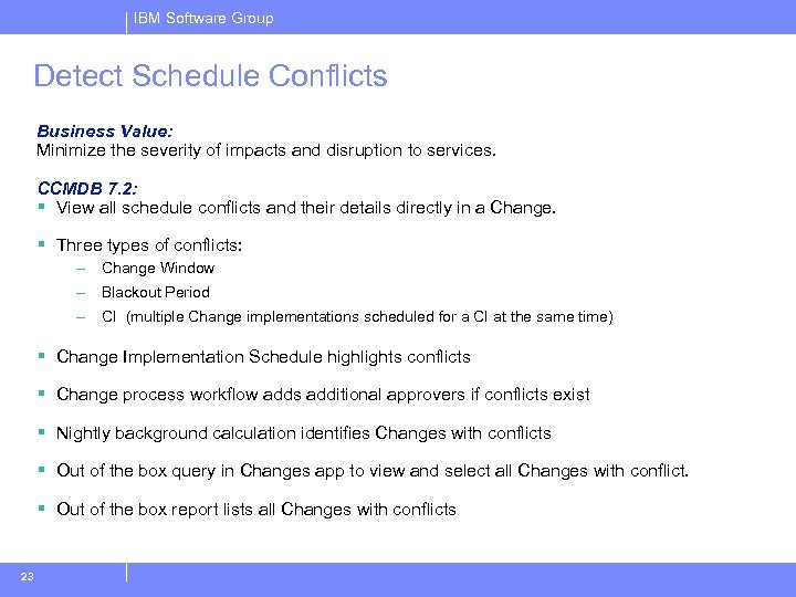 IBM Software Group Detect Schedule Conflicts Business Value: Minimize the severity of impacts and