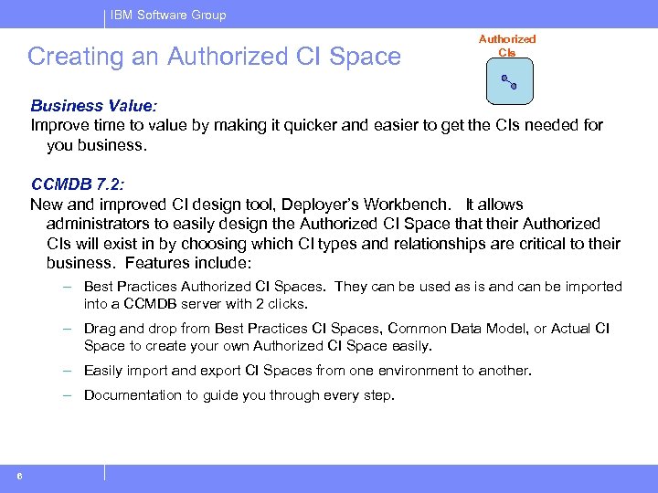 IBM Software Group Creating an Authorized CI Space Authorized CIs Business Value: Improve time