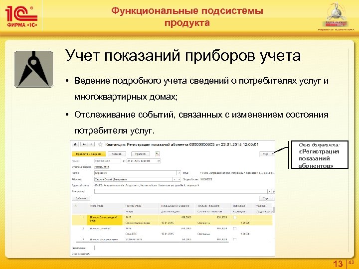 Функциональные подсистемы продукта Учет показаний приборов учета • Ведение подробного учета сведений о потребителях
