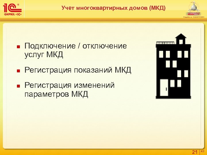 Учет многоквартирных домов (МКД) n n n Подключение / отключение услуг МКД Регистрация показаний
