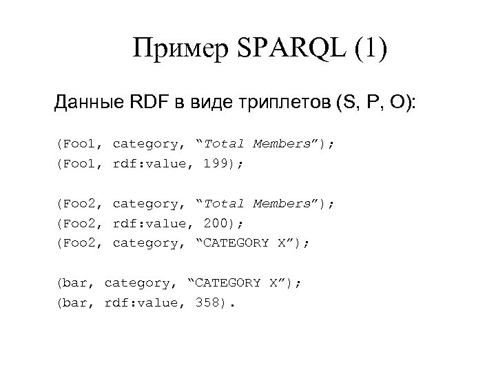 Пример SPARQL (1) Данные RDF в виде триплетов (S, P, O): (Foo 1, category,