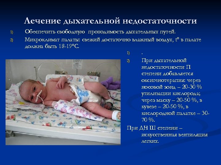 Лечение дыхательной недостаточности 1) 2) Обеспечить свободную проходимость дыхательных путей. Микроклимат палаты: свежий достаточно