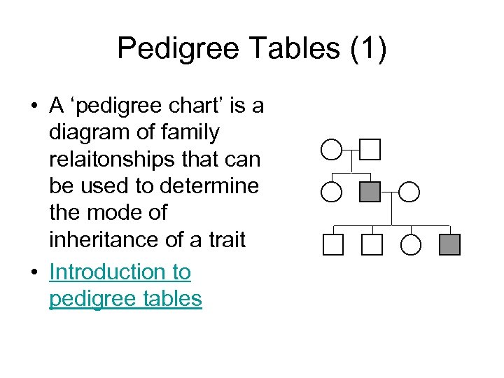 Pedigree Tables (1) • A ‘pedigree chart’ is a diagram of family relaitonships that