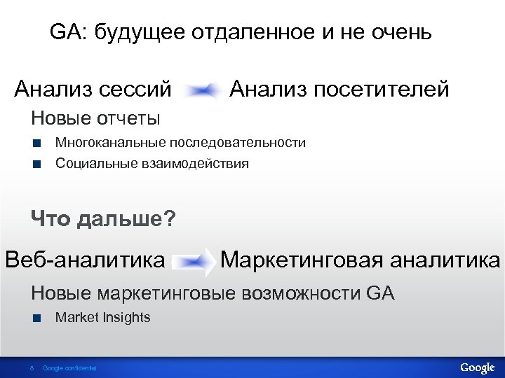 GA: будущее отдаленное и не очень Анализ сессий Анализ посетителей Новые отчеты Многоканальные последовательности