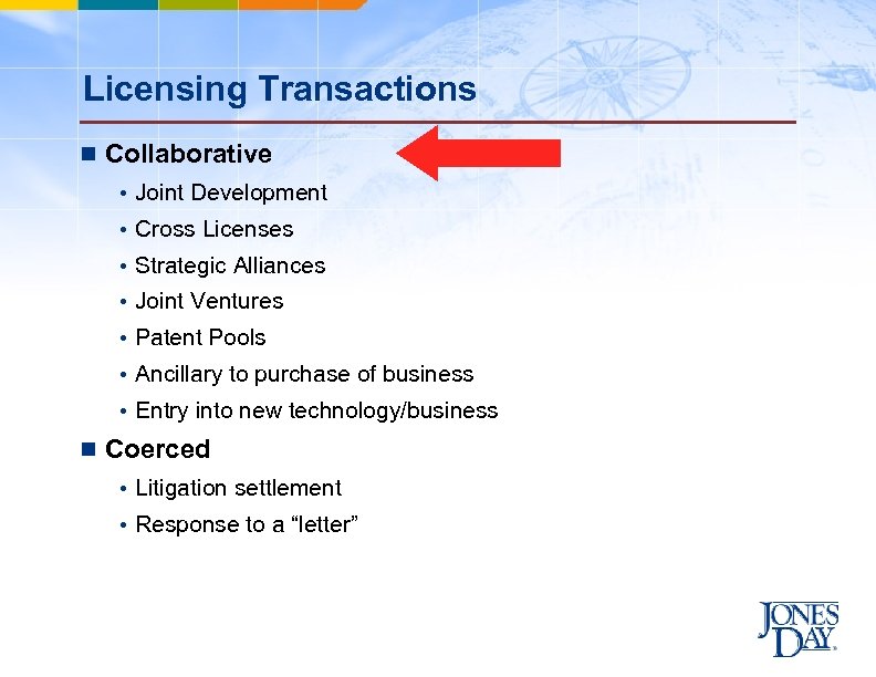 Licensing Transactions n Collaborative • Joint Development • Cross Licenses • Strategic Alliances •