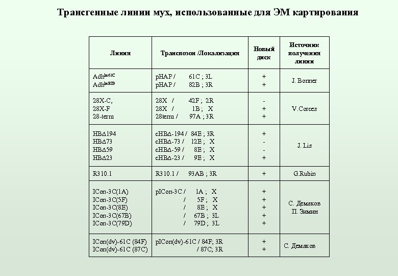 Трансгенные линии мух, использованные для ЭМ картирования Линия Транспозон /Локализация Новый диск Источник получения