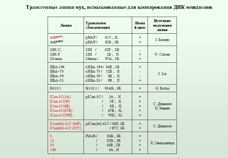 Трансгенные линии мух, использованные для клонирования ДНК междисков Линия Новы й диск Транспозон /Локализация
