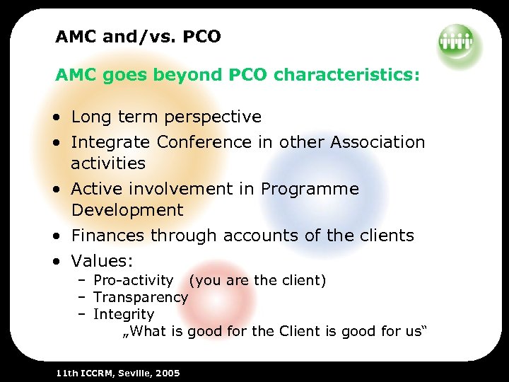 AMC and/vs. PCO AMC goes beyond PCO characteristics: • Long term perspective • Integrate