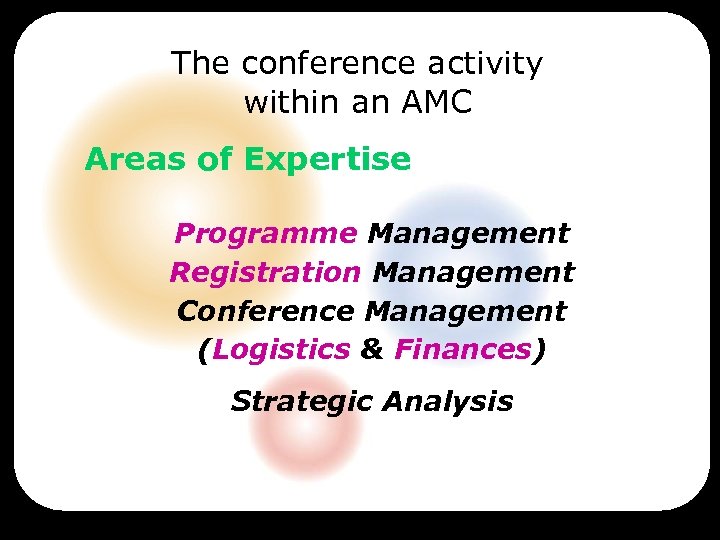 The conference activity within an AMC Areas of Expertise Programme Management Registration Management Conference