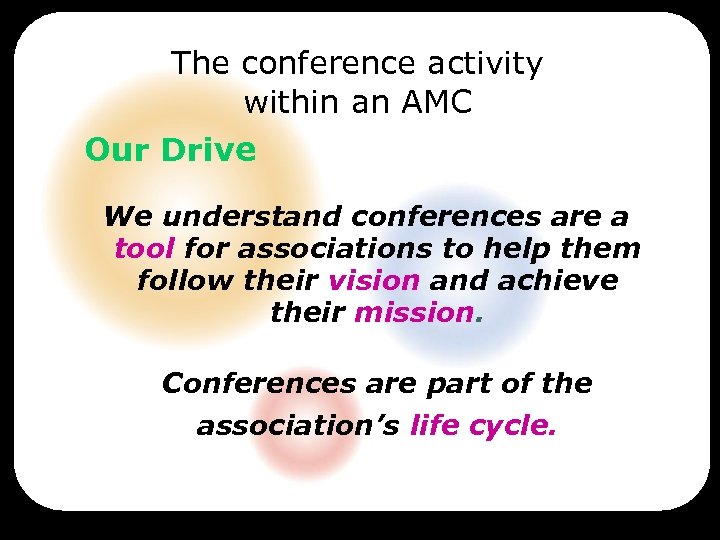 The conference activity within an AMC Our Drive We understand conferences are a tool