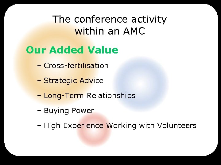 The conference activity within an AMC Our Added Value – Cross-fertilisation – Strategic Advice
