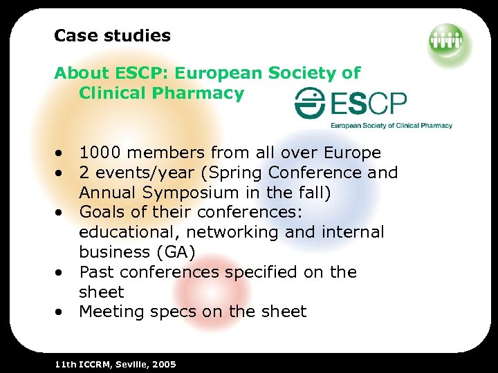 Case studies About ESCP: European Society of Clinical Pharmacy • 1000 members from all