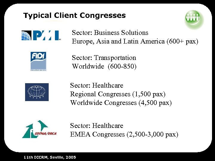 Typical Client Congresses Sector: Business Solutions Europe, Asia and Latin America (600+ pax) Sector: