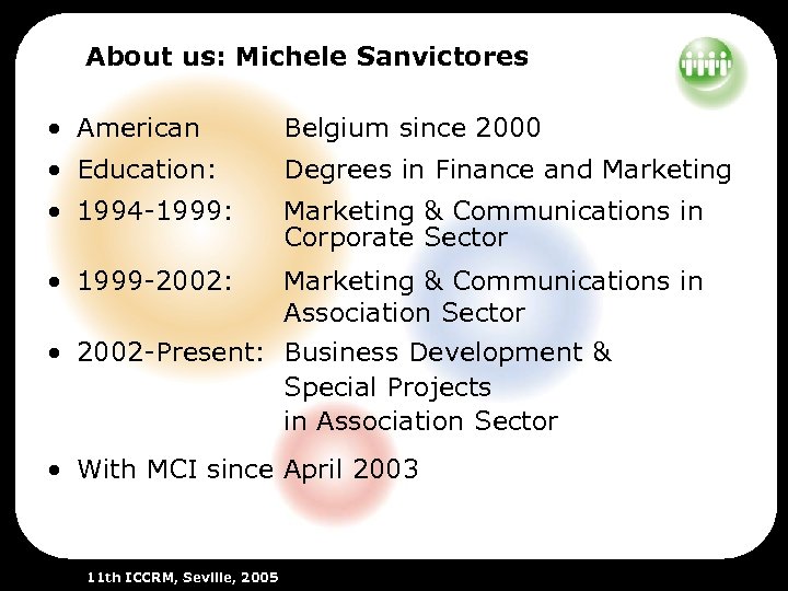 About us: Michele Sanvictores • American Belgium since 2000 • Education: Degrees in Finance