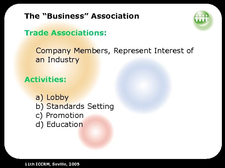 The “Business” Association Trade Associations: Company Members, Represent Interest of an Industry Activities: a)
