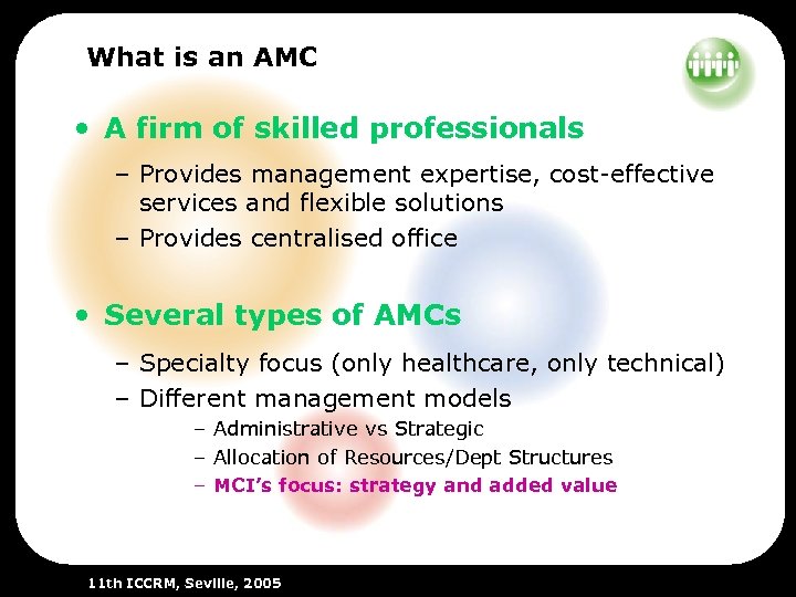 What is an AMC • A firm of skilled professionals – Provides management expertise,
