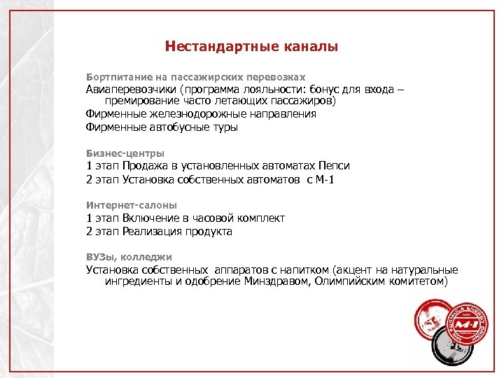 Нестандартные каналы Бортпитание на пассажирских перевозках Авиаперевозчики (программа лояльности: бонус для входа – премирование