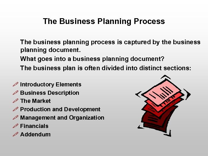 The Business Planning Process The business planning process is captured by the business planning