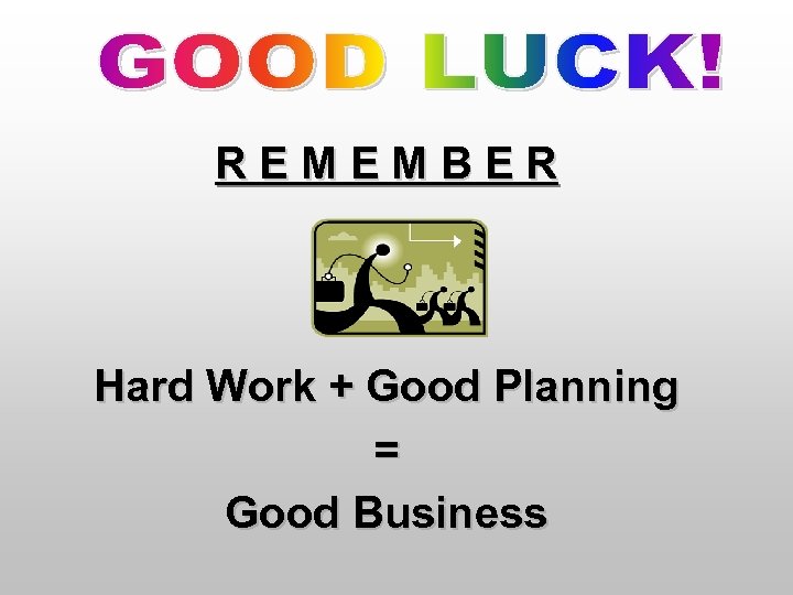 REMEMBER Hard Work + Good Planning = Good Business 