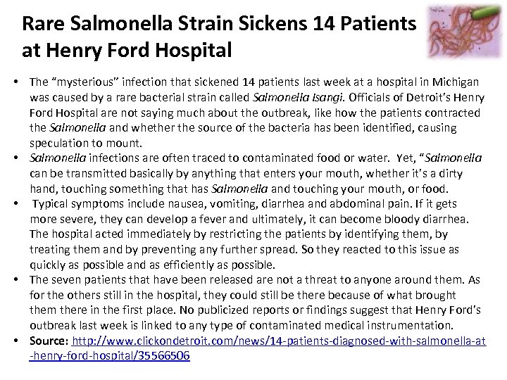 Rare Salmonella Strain Sickens 14 Patients at Henry Ford Hospital • The “mysterious” infection