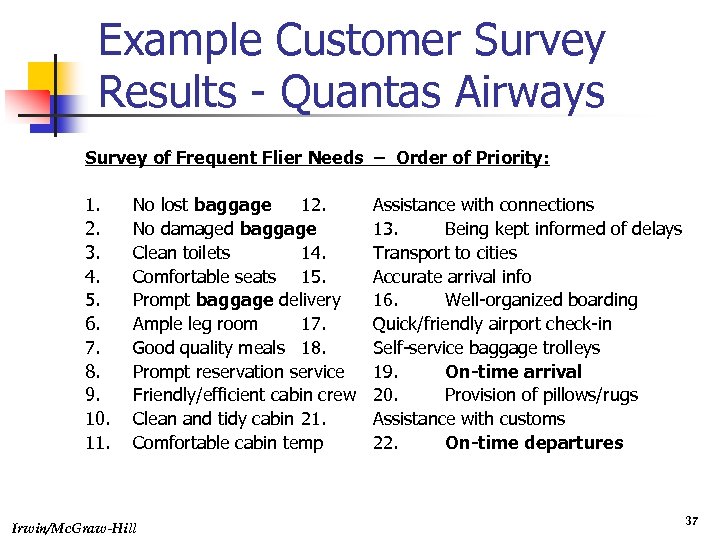 Example Customer Survey Results - Quantas Airways Survey of Frequent Flier Needs – Order