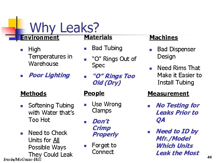 Why Leaks? Environment n n High Temperatures in Warehouse Poor Lighting Methods n n