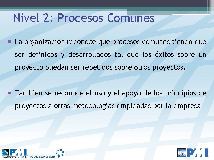Nivel 2: Procesos Comunes La organización reconoce que procesos comunes tienen que ser definidos
