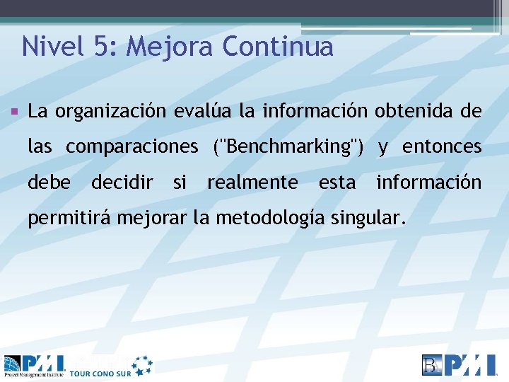 Nivel 5: Mejora Continua La organización evalúa la información obtenida de las comparaciones ("Benchmarking")