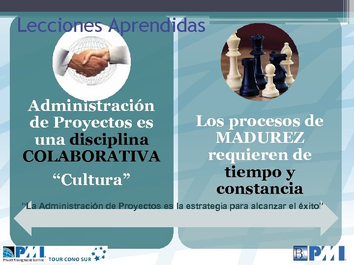 Lecciones Aprendidas La Administración de Proyectos es una disciplina COLABORATIVA “Cultura” Los procesos de