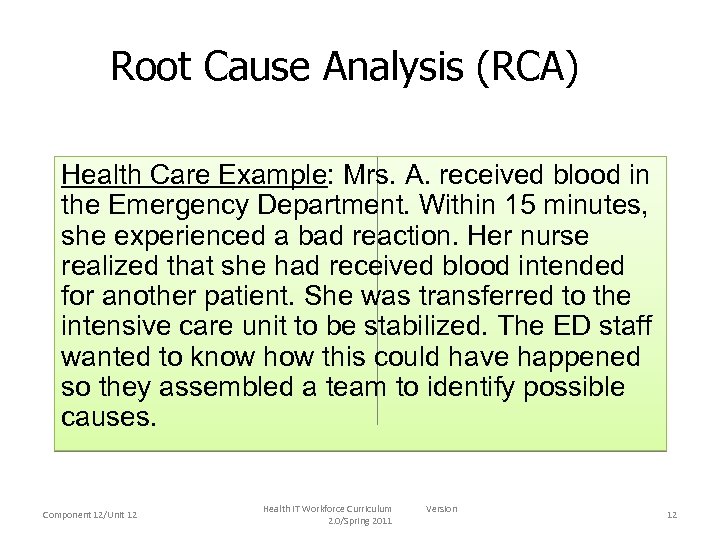 Root Cause Analysis (RCA) Health Care Example: Mrs. A. received blood in the Emergency