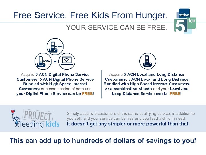 Free Service. Free Kids From Hunger. YOUR SERVICE CAN BE FREE. + Acquire 5