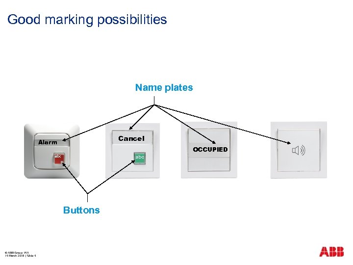 Good marking possibilities Name plates Cancel Alarm OCCUPIED abc Buttons © ABB Group WA