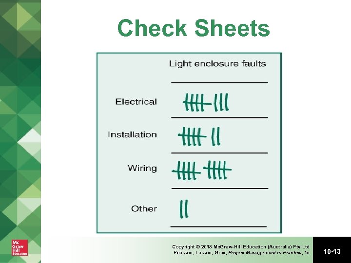 Check Sheets Copyright © 2013 Mc. Graw-Hill Education (Australia) Pty Ltd Pearson, Larson, Gray,