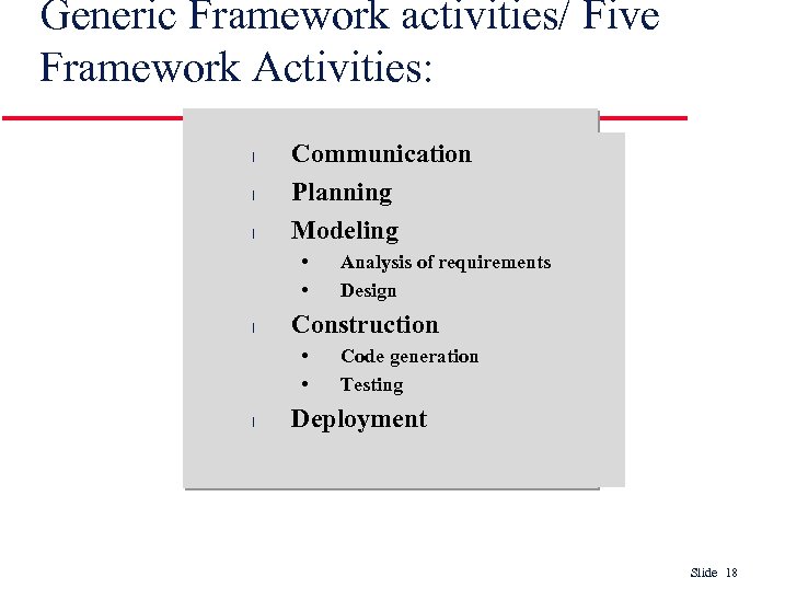 Generic Framework activities/ Five Framework Activities: l l l Communication Planning Modeling • •