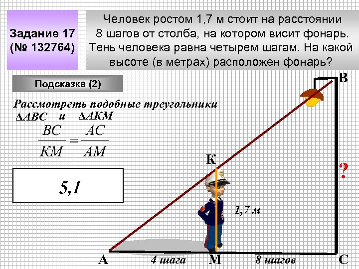 Задание 17 (№ 132764) Человек ростом 1, 7 м стоит на расстоянии 8 шагов
