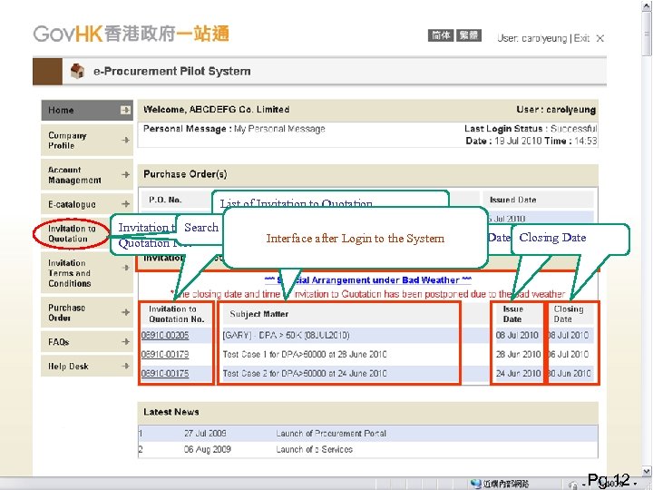 List of Invitation to Quotation Invitation to Search Invitation to Quotation Interface after Login