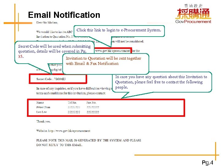 Email Notification 更新電子目錄示範 Click this link to login to e-Procurement System. Secret Code will