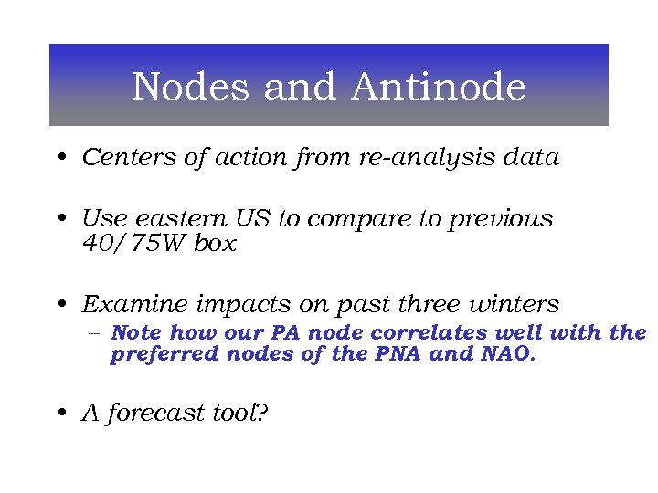 Nodes and Antinode • Centers of action from re-analysis data • Use eastern US