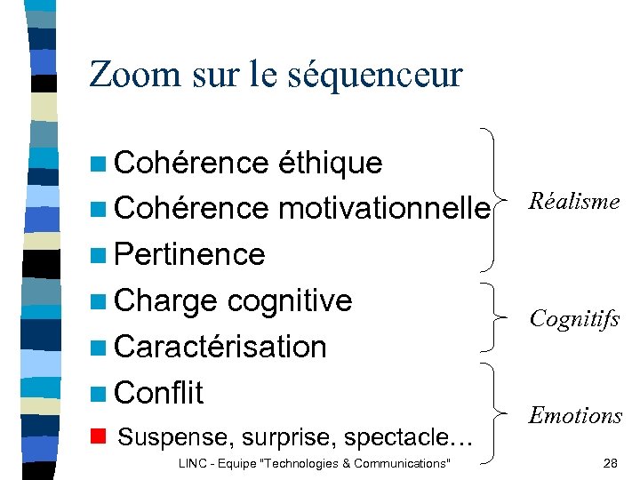 Zoom sur le séquenceur n Cohérence éthique n Cohérence motivationnelle n Pertinence n Charge