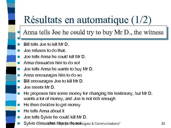 Résultats en automatique (1/2) n n n n Anna tells Joe he could try