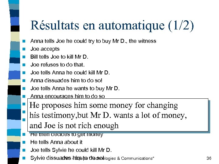 Résultats en automatique (1/2) n n n n Anna tells Joe he could try