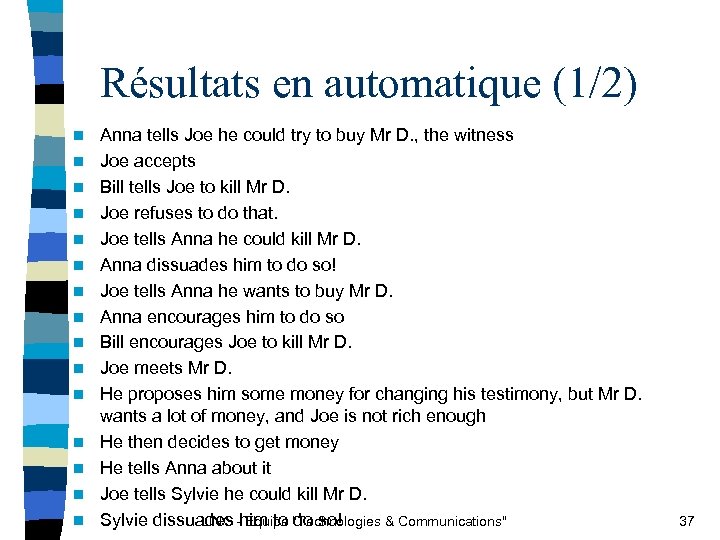 Résultats en automatique (1/2) n n n n Anna tells Joe he could try